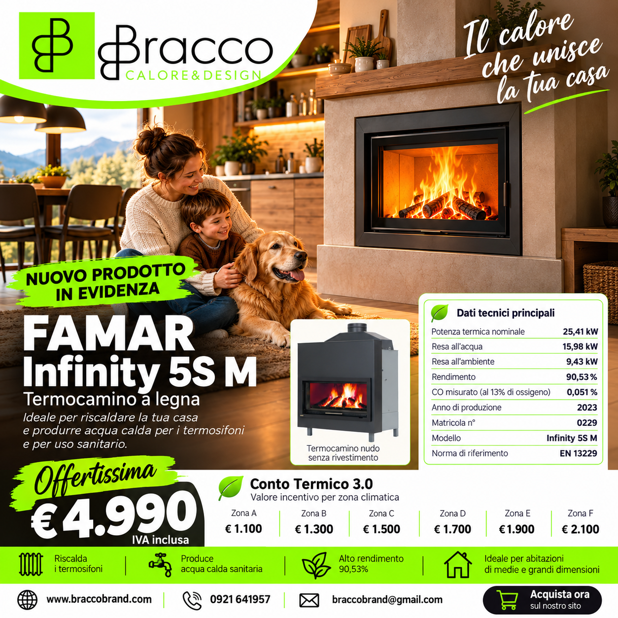 Ambientazione del termocamino FAMAR Infinity 5S M con famiglia e cane